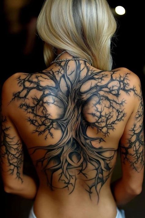 Women Tattoo On Back, Back Tattoo Full Women, Strength Symbol Tattoos For Women, Large Back Piece Tattoo, Women's Back Piece Tattoo, Womens Back Piece Tattoo, Large Spine Tattoos For Women, Tree Of Life Back Tattoo Women, Tree Back Tattoo Women