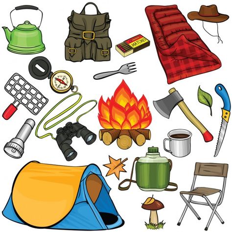 Camping elements, cartoon Free Vector Camping Gear List, Camping Clipart, Travel Clipart, Family Tent Camping, Theme Days, Camping Checklist, Camping Theme, Hunting Gear, Camping Art