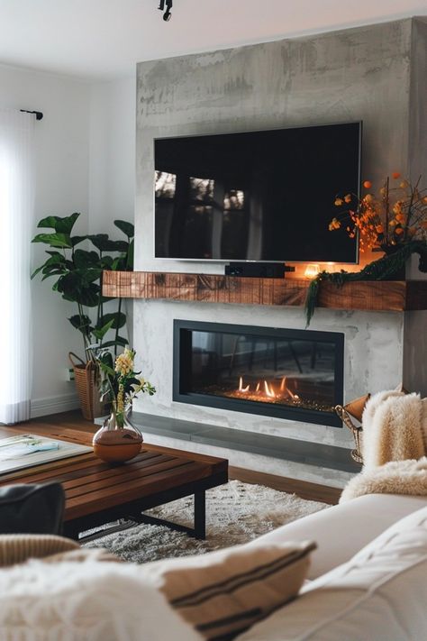 Sleek Linear Fireplace Ideas with TV Above Fireplace Tv Wall With Windows, Modern Fireplace With Tv Above, Tv On Fireplace Mantle, Mounted Tv Over Fireplace, Linear Fireplace With Tv Above Modern, Tv Above Fireplace Living Room, Modern Fireplace With Tv, Open Fireplace Ideas, Gas Fireplace Ideas With Tv Above