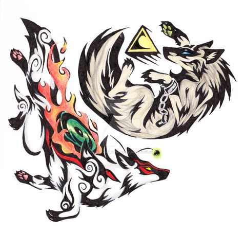 Okami Tattoo, Okami Amaterasu, Wolf Link, A Tattoo Design, Zelda Tattoo, Gamer Tattoos, Princess Tattoo, Two Wolves, Zelda Twilight Princess