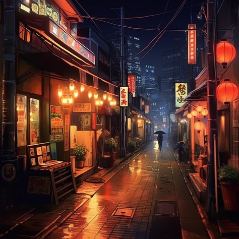 Tokyo City At Night, Urban Fantasy Art, Japanese Neighborhood, Custom Sketchbook, Winter In Japan, Street Background, Japanese Town, Arcology, Red Street