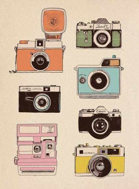 Camera Illustration, Camera Drawing, Camera Collection, طابع بريدي, Camera Art, Scrapbook Stickers Printable, Bullet Journal Stickers, Aesthetic Stickers, Journal Stickers