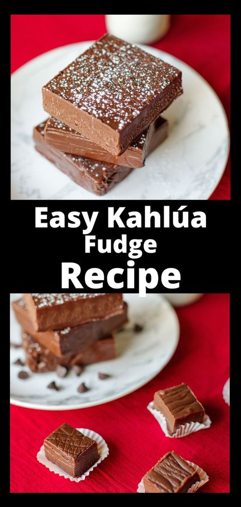 Top Photo: A stack of Kahlúa fudge squares stacked on a plate.  Bottom Photo: The stack of fudge on a plate with small individual serving size pieces of Kahlúa fudge. Kahlua Fudge, Christmas Fudge Recipes Easy, Mackinac Island Fudge, Chocolate Raspberry Mousse Cake, Kahlua Recipes, Holiday Candy Recipes, Fudge Ingredients, Fudge Recipes Easy, Homemade Fudge