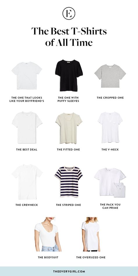 The Best T-Shirts to Have in Your Closet | The Everygirl T Shirt Capsule Wardrobe, How To Dress Like A Minimalist, Must Have Basic Tops For Women, Basic Clothes To Have, Basic Pieces Of Clothing, Where To Get Basics, How To Style Basic Tees, Basic Must Have Clothes, Basic T Shirt Outfit