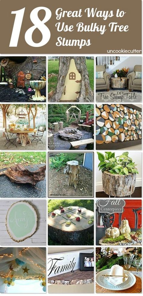 18 Great Ways to Upcycle Tree Stumps - Uncookie Cutter Tree Stumps Diy, Light Fixture Makeover, Free Jewelry Making Projects, Diy Cabin, Garden Furniture Design, Landscaping Trees, Tree Stumps, Outdoor Trees, Wood Tree