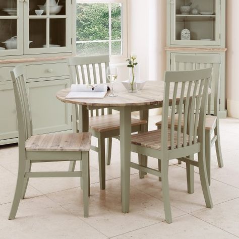 Florence round extended table, sage green - Amazon £150 table + £55 per chair + £10 P&P (£380 total) 92 x 92-117cm Sage Green Kitchen Chairs, Sage Dining Table, Sage Green Kitchen Table, Sage Green Dining Chairs, White Round Kitchen Table, Small Round Kitchen Table, Sage Green Table, Round Kitchen Table Set, Extended Table