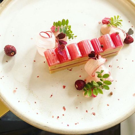 Frenchie Covent Garden on Instagram: “Duck Foie Gras, Yorkshire Rhubarb, Wild Strawberries & Pink Peppercorn #frenchiecoventgarden #gregorymarchand #londonrestaurants…” Michelin Star Dessert, Flower Desserts, Michelin Star Food, Fine Dining Desserts, Rhubarb Desserts, Rhubarb Cake, Dessert Presentation, Pink Peppercorn, Dessert Plating