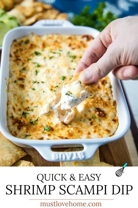 Easy Shrimp Scampi Dip is full of flavor and baked to creamy perfection. This crowd winner is simple to make with cooked shrimp in only 30 minutes. #mustlovehomecooking #shrimpdip #partyfood Shrimp Scampi Dip, Easy Shrimp Scampi, Shrimp Dip, Cooked Shrimp, Delicious Dips Recipes, Easy Shrimp, Shrimp Scampi, Yummy Dips, How To Cook Shrimp