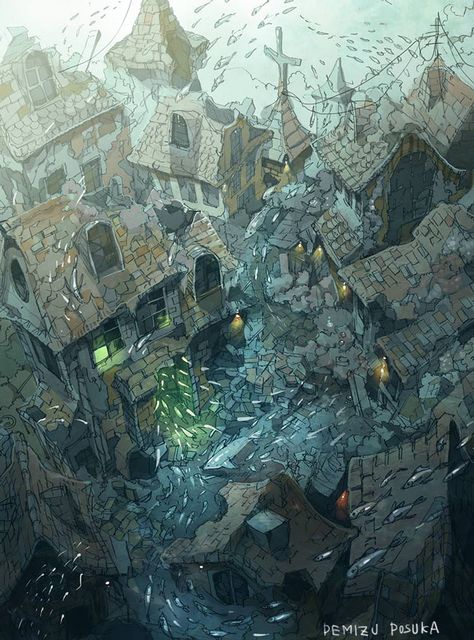 Demizu Posuka, Heroic Fantasy, House Illustration, Animation Background, Environment Design, Environment Concept Art, Environmental Art, Fantasy Landscape, Anime Scenery