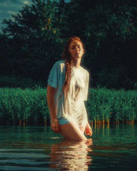 Ripples and reeds @lesliehacker13 . . . . . #waterportraits #watershot #watershoot #warmtones #wettshirt #analogphotography… | Instagram Water Shoot Ideas, Wet Teeshirts Photoshoot, Water Portrait Photography, River Photoshoot, Rainy River, Lake Portrait, Rain Street, Forest Photoshoot, Water Fashion