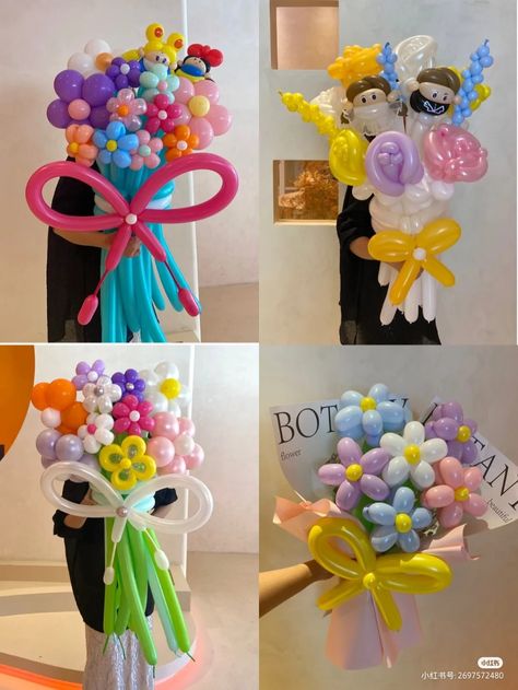 Flower Bouquet Balloon, Ballon Flower Bouquet, Flower Balloons Diy, Ballon Diy, Flower Balloons, Ballon Art, Bucket Flower, Party Balloons Diy, Balloon Bouquet Diy