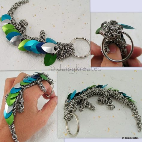 daisykreates: Pet Dragon Key Chain with Blue and Green Scales Bunny Tracks, Scale Maille, Green Scales, Scale Mail, Chainmaille Jewelry, Mail Ideas, Chainmail Jewelry, Pet Dragon, Chain Maille Jewelry