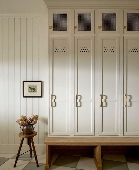 Ok. All of my favorite things in one photo. Wire mesh cabinetry, painted vertical wall paneling, diamond tiles, antique wooden stool, tiny… | Instagram Mudroom Lockers, Light And Dwell, Mudroom Laundry Room, Monday Inspiration, Mudroom Design, Vintage Stool, Small Stool, Cabinet Style, Boot Room