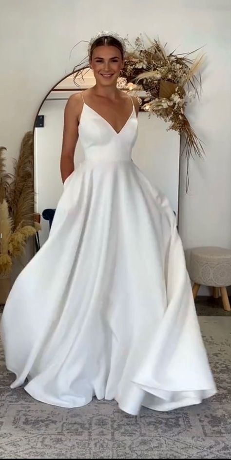 Classic And Simple Wedding Dress, Simple Wedding A Line Dress, Classic Wedding Dress No Train, Elegant Spaghetti Strap Wedding Dress, Deep V Neck Satin Wedding Dress, Satin Chiffon Wedding Dress, Solid Satin Wedding Dress, Silky A Line Wedding Dress, Plain Princess Wedding Dress