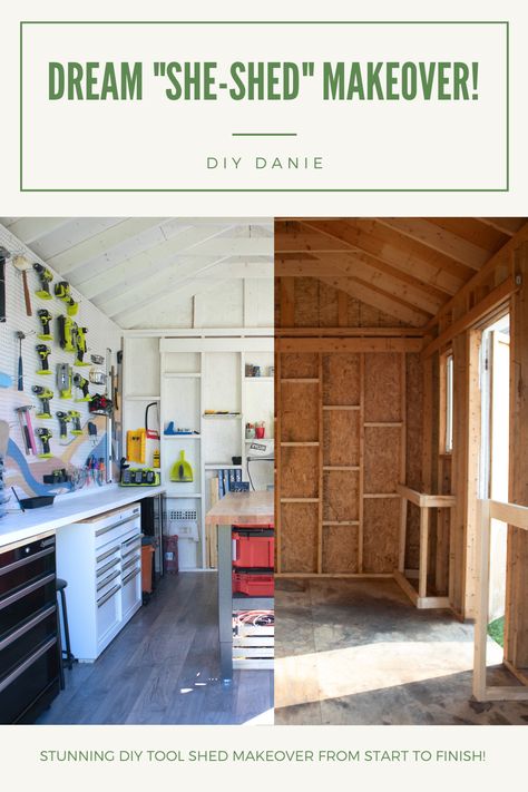 Stunning DIY Tool Shed Makeover From Start to Finish! Click the link to find out how I used @behr to transform this amazing creative space! #brandpartner #paintitpossible #paintwithme #BEHRTrends2021 Tiny Shed Storage Ideas, 8x12 Shed Organization, Shed Hacks, Shed Workshop Ideas, Shed Renovation Ideas, Tool Shed Ideas, Shed Painting Ideas, Man Shed Interior Ideas, Finished Shed