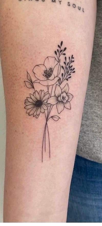 Chrysanthemum Daisy Daffodil Tattoo, Daffodil Aster Tattoo, Birth Flower Tattoos Above Elbow, Daffodil Daisy And Poppy Tattoo, Flower Boquettes Tattoos Simple, Daisy And Violet Bouquet Tattoo, Rose Carnation Daffodil Tattoo, Fine Line Daisy Bouquet Tattoo, Simple Flower Tattoo Placement