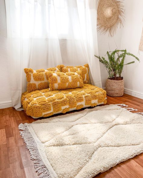 YELLOW FLOOR COUCH 💛 Discover our latest collection of Moroccan floor couches.. 100% handmade couches made of natural wool and colors ✨🌿 #moroccanrugs #moroccanrug #pouffe #moroccanstyle #floorseating #moroccanfloorcushion #moroccanfloorpouf #moroccanfloorpillow #handmadepouf #cosyseating #floorcushion #cushionset #cushioncovers #cushioncover #cushionshape #cushionseat #moroccanfloorcouch Reading Nook Floor, Floor Couches, Corner Reading Nook, Yellow Floor, Moroccan Floor Pillows, Floor Couch, Moroccan Floor Cushions, Moroccan Floor, Floor Seating