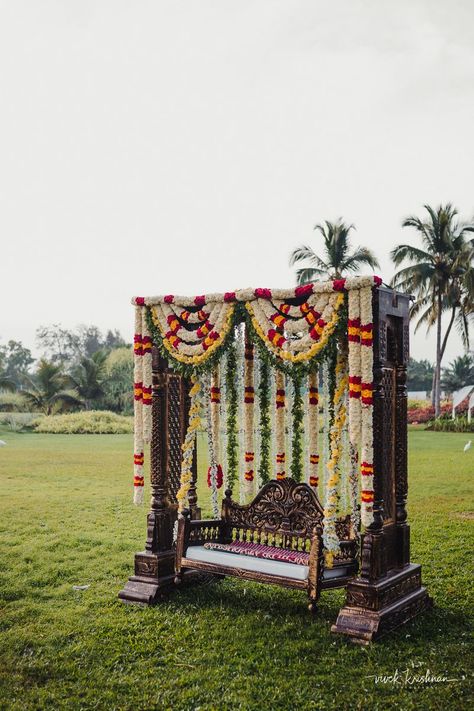 Photo of Floral swing for decor South Indian Decor, Brahmin Wedding, Shaadi Decor, Engagement Decor, Mandap Decor, Desi Wedding Decor, Wedding Backdrop Decorations, Traditional Wedding Decor, Stage Decor