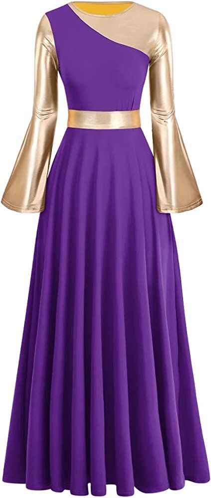 Amazon.com: Women Adult Metallic Gold Color Block Long Sleeve Praise Dance Worship Robe Dress Loose Fit Full Length Liturgical Tunic Circle Skirt Lyrical Dancewear Swing Gowns Ballet Costume Purple-Gold XS : Clothing, Shoes & Jewelry Praise Dress, Praise Dance Outfits, Worship Dance Outfits, Dance Worship, Worship Dress, Praise Dance Wear, Praise Dance Garments, Lyrical Dress, Praise Dance Dresses