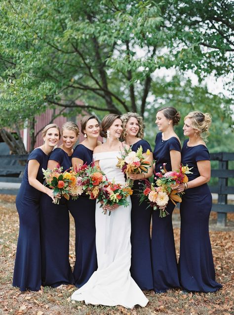 Navy Dress Bridal Party, Navy Blue Bridesmaid Dresses Fall, Navy Floral Bridesmaid Dresses, Flowers For Navy Bridesmaid Dresses, Navy Blue And Burnt Orange Wedding Bridesmaid Dresses, Navy Bridesmaid Dresses Fall, Orange And Blue Wedding Colors, Dark Blue Bridesmaids, Blue Bridesmaid Dresses Fall