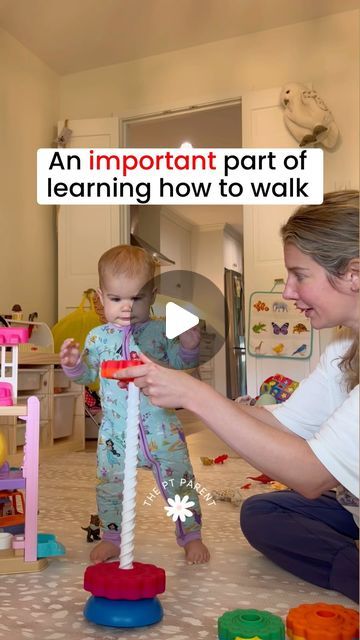 Leah Turk | Pediatric PT on Instagram: "🏋️‍♀️ if your baby is getting close to taking their first steps, consider working on squatting!  🏋️‍♀️Squatting not only helps build strength and balance, but it’s an important component of getting up from the floor… which your baby will need to know in order to get up and keep walking if (read *when* 😅) they fall.  👉Essentially to engage your baby in play that encourages squatting, you need to place toys HIGH and LOW to encourage them to move up and down from a squat.  👉You can hold toys up from the floor at first to decrease the distance they have to squat (like how I’m demonstrating in the first set of clips with the spinning toy) or place toys directly on the floor for more challenge.   👉Also, using a larger toy (like the little people hous Helping Baby Walk, Tummy Time Activities, Walk Idea, Baby Walking, Recreation Therapy, Baby Life Hacks, Sit Up, Good Parenting, Baby Life