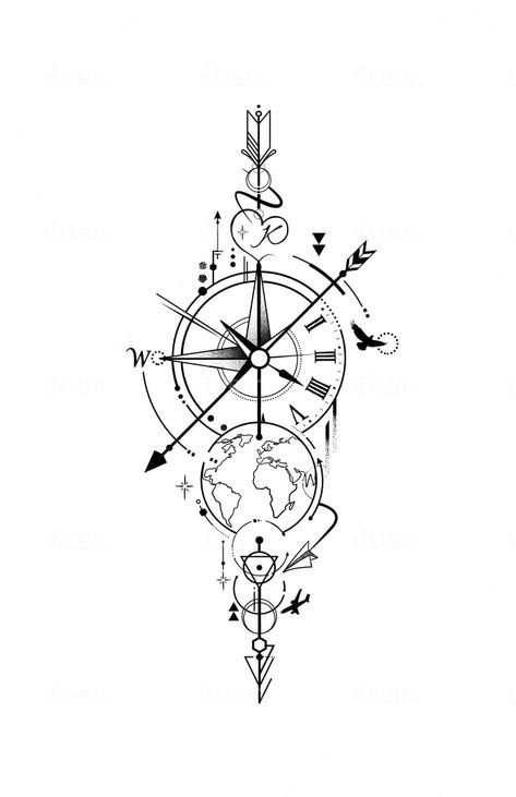 Design a geometric tattoo for you by Soufianelfanany | Fiverr Half Compass Half Clock Tattoo, Linework Tattoo Stencil, Geometric Tattoo Design Men, Matthew Tattoo, Geometric Universe Tattoo, Arrow Compass Tattoo, Lisa Tattoo, Travel Tattoo Ideas, Gear Tattoo