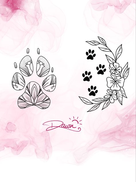 Paw And Flower Tattoo, Dog Paw And Flower Tattoo, Dog Paw Flower Tattoo, Flowers With Dog Paw Tattoo, Flower Animal Tattoo, Flower Tattoo With Paw Print, Flower Paw Print Tattoo, Paw And Flower Tattoo Ideas, Mandala Dog Tattoo