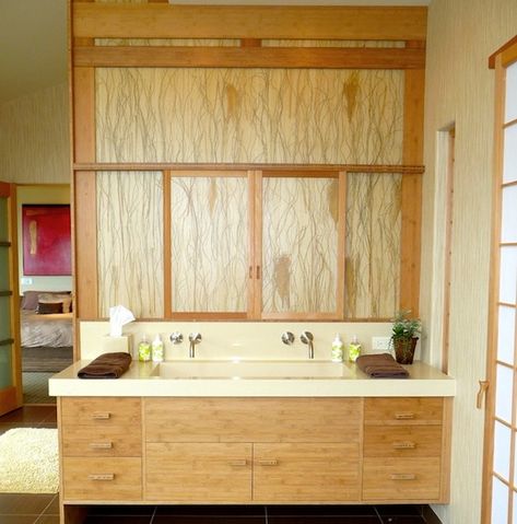 Choosing the Ideal Bathroom Sink for your Lifestyle Double Trough Sink, Spa Bathroom Design, Japanese Style Bathroom, Asian Bathroom, Bamboo Cabinets, Floating Sink, Bathroom Stand, Master Bath Vanity, Floating Bathroom Vanities