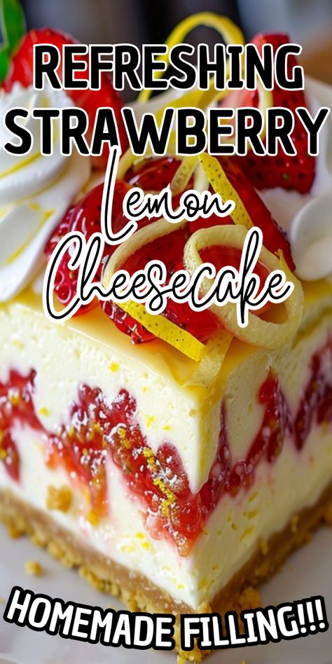 Refreshing Strawberry Lemon Cheesecake Strawberry Lemon Cheesecake, Cheesecake Base, Strawberry Compote, Kinds Of Desserts, Refreshing Desserts, Strawberry Lemon, Summer Gathering, Lemon Cheesecake, Lemon Cream