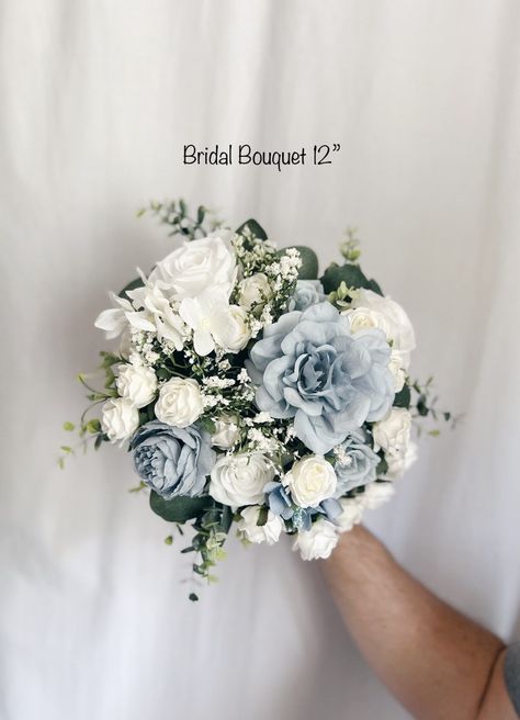 Dusty Blue Bridal Bouquet With Faux Flowers, Blue Bouquets, White Bridal Bouquet, White Fake Bouquet, White and Green Bouquet, - Etsy Dusty Blue And Sage Green Bridal Bouquet, Wedding Bouquets With Blue Flowers, Bride Bouquets Blue And White, Blue And Green Flower Bouquet, Blue Flower Wedding Bouquet, Dusty Blue Wedding Bouquet, Dusty Blue Bridal Bouquet, Blue And White Wedding Flowers, Blue Roses Bouquet