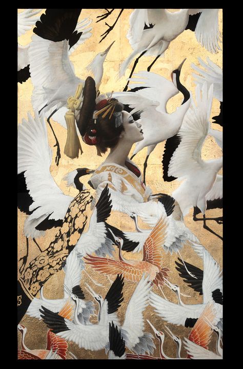 Cranes by Pandora YoungOil and gold leaf on watercolor paper 2019. Large Poster Prints, Bizarre Art, Tree Canvas, Pop Surrealism, Gold Art, Fine Arts Posters, Secret Obsession, Art Watercolor, Traditional Art