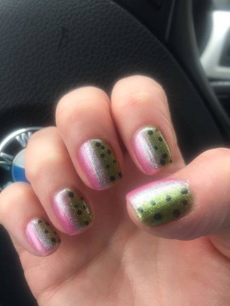 Rainbow Trout nails Fishing Lure Nails, Trout Nails, Fishing Nails Designs, Fishing Nails, Rainbow Trout Nails, Rainbow Trout Tattoo, Fish Acrylic Nails, Bug Nails, Fish Nail Art