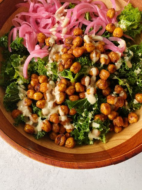 Chickpea Caesar Salad, Chickpea Croutons, Vegan Pesto Pasta, Spiced Chickpeas, Tahini Dressing, Pickled Red Onions, Red Onions, Caesar Salad, Good Eats