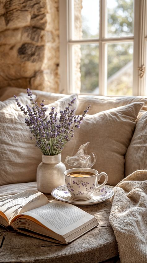 A cup of hot coffee, a favorite book and the rays of the morning sun. What could be better? This cozy composition radiates warmth and tranquility, reminding of the simple joys of life. Enjoy this moment! Looking for your dream home design? DM me to bring them to life! #coffee #cozy #lavender #book #hygge #mood #lifestyle #coffeelovers Breakfast Home, Practical Magic House, Reading Vibes, Vintage Home Ideas, Reading Bible, Summer View, Books Photography, Tea Breakfast, Quotes Background