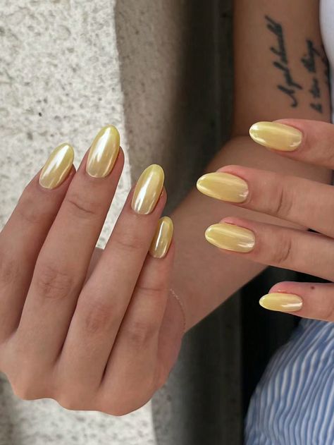 Yellow  Collar   Plants Color Nails Embellished   Nail,Hand & Foot Care Yellow Nail Extensions, Lemon Drop Nails, Yellow Shimmer Nails, Yellow Nail Inspo Short, Nails Colors Summer 2024, Summer Almond Acrylic Nails Solid Color, Yellow Metallic Nails, Lemon Chrome Nails, Limon Nail