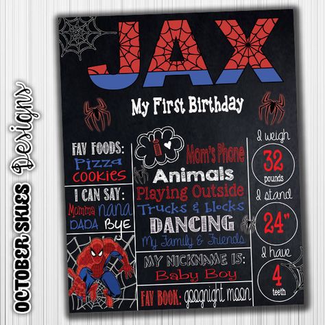 Spiderman Chalkboard, Spidey Birthday, First Birthday Board, Spiderman Poster, Birthday Boards, Chalkboard Birthday, Spiderman Theme, Chalkboard Poster, Chalkboard Poster Birthday