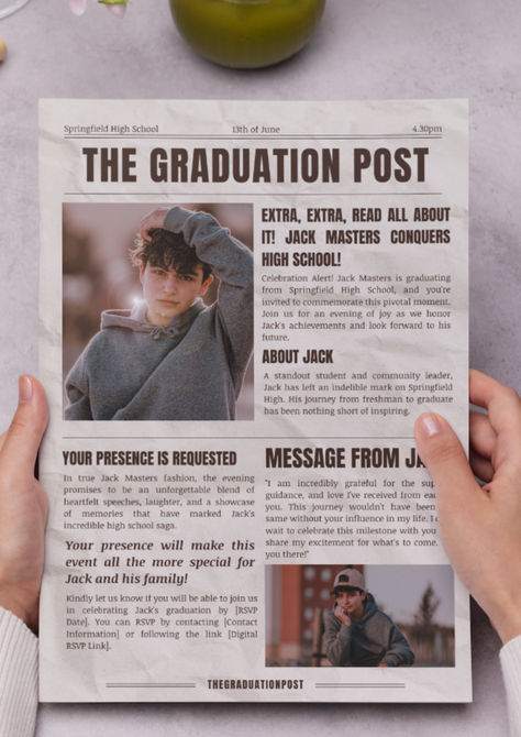 Celebrate the high school graduate in your life with a unique, newspaper-style invitation! Perfect for any grad boy, our digital template lets you easily personalize with names, dates, and photos for a memorable send-off into the next chapter. DIY your graduation party invites with our user-friendly Canva template in A4 format. No design skills needed – just add your touch and get ready to celebrate the Class of 2024's big day! Ideal for grad parties and announcements. 💌 Last Day Of School Party, Graduation Party Invites, Boys Graduation Party, Senior Graduation Party, Boy Graduation, Grad Announcements, Graduation Invitations Template, Newspaper Template, Amazing Inspirational Quotes