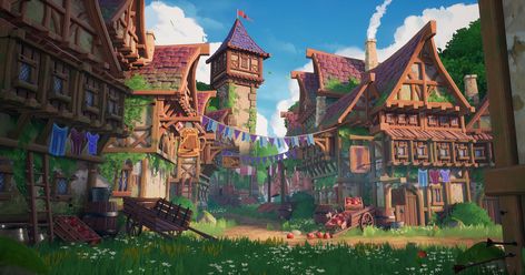 Fantasy Village, Fantasy Town, Bg Design, Medieval Village, Fantasy City, Fantasy Places, Medieval Town, Fantasy Concept Art, 판타지 아트