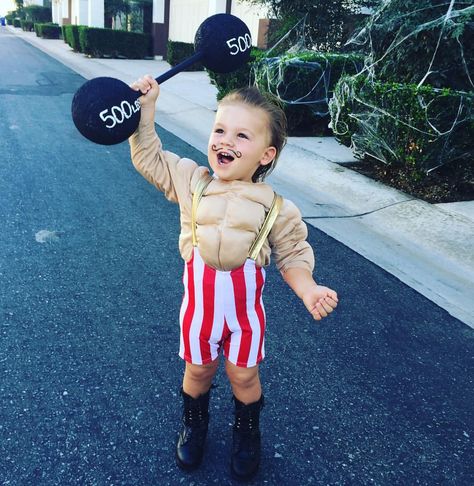 Strong Man!   #Halloween #Circus #StrongMan #LittleStrongMan Toddler Strong Man Costume, Baby Strong Man Costume, Circus Sibling Costumes, Circus Strongman Costume, Circus Costume Baby Boy, Strong Man Costume, Strong Man Circus, Circus Strongman, Halloween Circus