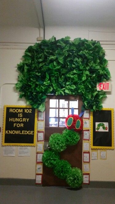 The Very Hungry Caterpillar Door Decor, Caterpillar Door Decorations Classroom, Hungry Caterpillar Classroom Theme, Prek Prom, Hungry Caterpillar Bulletin Board, Eric Carle Classroom Decor, Hungry Caterpillar Classroom, Toddler Bulletin Boards, Eric Carle Crafts