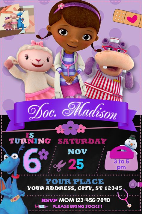 Dr Mcstuffins Birthday Ideas, Doc Mcstuffins Birthday Party Ideas Cake, Birthday Invites Template, Invitation For Birthday Party, Doctor Party, Invites Template, Birthday Party Locations, Doc Mcstuffins Birthday Party, Doc Mcstuffins Party