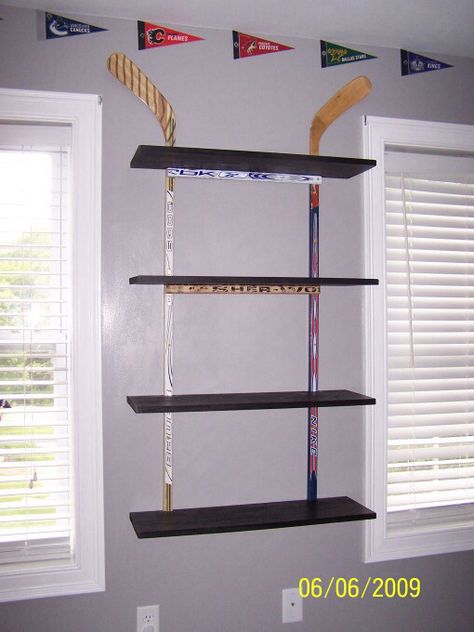 Hockey Shelf, Hockey Projects, Hockey Nursery, Sports Display, Hockey Diy, Hockey Crafts, Hockey Bedroom, Hockey Room, Hockey Decor