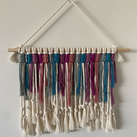 Colorful Macrame Wall Hanging On 18” Wide Wood Dowel. Approx. 20” From Top Of Hanging Cord To Bottom Fringe. Related: Minimalist Boho Decor Boho Chic Colorful Wall Hanging Handmade Wall Hanging Handmade Art Yarn Wall Hanging Rainbow Decor Boho Garden Colorful Macrame, Decor Boho Chic, Colorful Wall Hanging, Fiber Art Wall Hanging, Rainbow Decor, Wall Hanging Handmade, Yarn Wall, Hanging Ideas, Macrame Wall Hanging Patterns