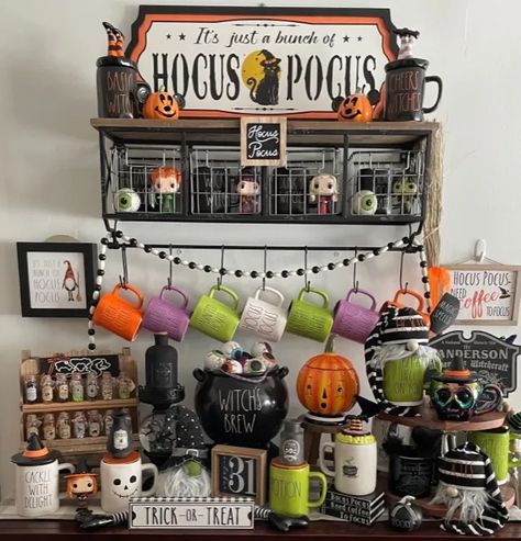 Hocus Pocus Coffee Bar, Hocus Pocus Display, Hocus Pocus Mantle Decor, Halloween Rae Dunn Display, Hocus Pocus Tiered Tray Decor, Hocus Pocus Home Decor Ideas, Hocus Pocus Kitchen Decor, Halloween Coffee Bar Ideas, Witch Coffee Bar