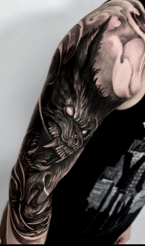 Warewolf Tattoo, Werewolf Tattoo, Chest Tattoo Ideas, Wolf Tattoos Men, Shadow Tattoo, Wolf Tattoo Sleeve, Chest Hair, Tattoo Shading, Bike Tattoos