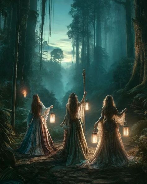 Three Women Aesthetic, Moonlit Forest Aesthetic, Earth Magic Art, Magic Forest Aesthetic, Forest Fairy Art, Dancing In The Forest, Air Witch, Three Fairies, Queen Of The Forest