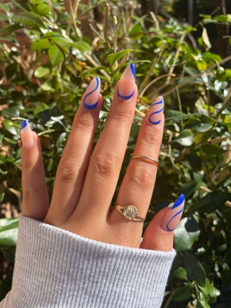 Royal blue nails Hoco Nail Designs, Nails Acrylic Spooky, Witch Nails Acrylic, Royal Blue Prom Nails, Current Nail Trends 2023, September Nails Designs, Royal Blue Nails Designs, Nail Designs For 2023, Cobalt Blue Nails