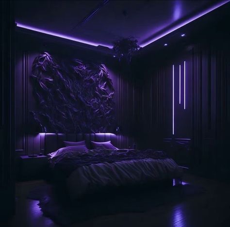 Black And Purple Bedroom, Purple Themed Bedroom, Grand Bedroom, Dark Bedroom Aesthetic, Futuristic Bedroom, Beautiful Bed Designs, Castle Rooms, Bedroom Purple, Black Bedroom Design