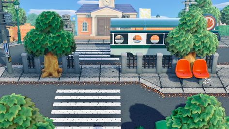 ACNH citycore inspiration Acnh Bus Stop Ideas, Animal Crossing Bus Stop, Acnh Bus Stop, Animal Crossing Airport Entrance, Animal Crossing Island Japanese City, Japan Animal Crossing Town, Bus Station, Bus Stop, Animal Crossing