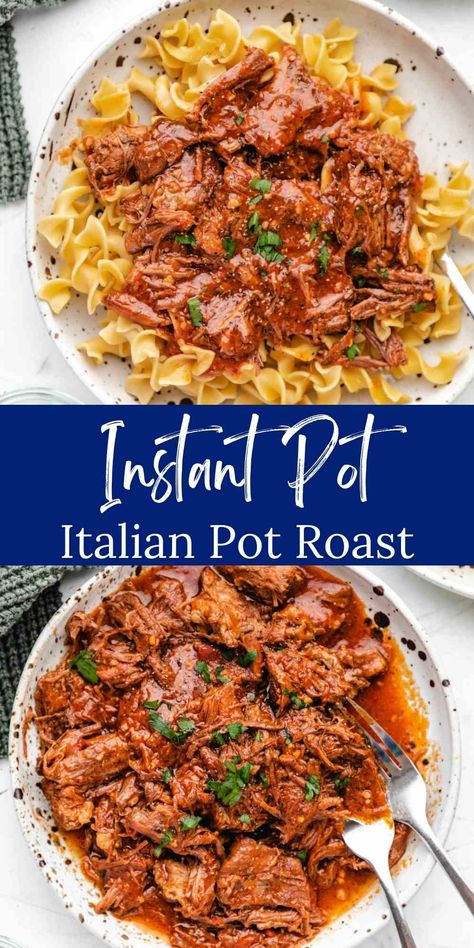 Instant Pot Italian Pot Roast is a quick and easy dinner that's packed with flavor! Serve this tender pot roast with noodles for a tasty meal. Pot Roast Spaghetti, Best Beef Roast Instant Pot, Chuck Roast Insta Pot Recipes, Instant Pot English Roast Recipes, Chuck Roast Dinner Ideas Instant Pot, Italian Beef Recipes Instant Pot, Instant Pot Italian Pot Roast, Italian Pot Roast Instant Pot, Crockpot Italian Pot Roast